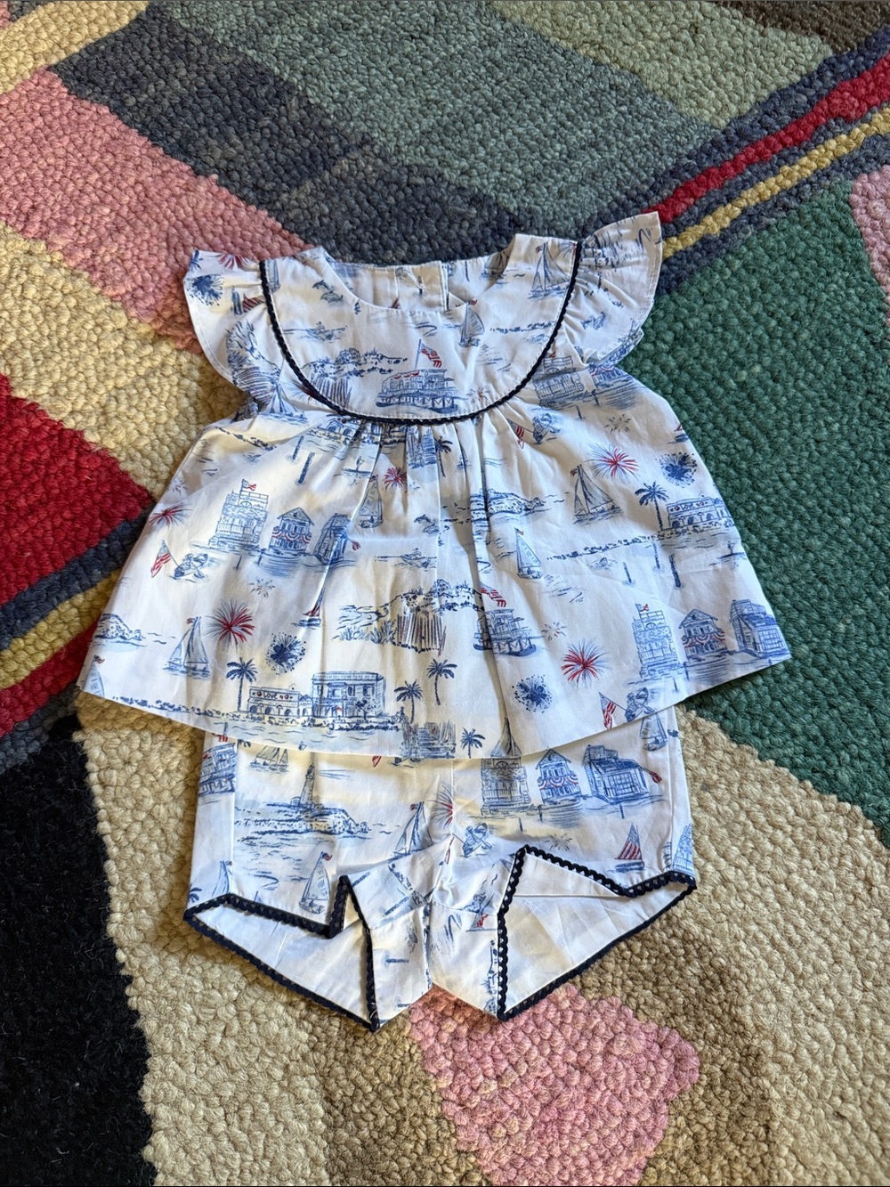 Janie and Jack White Nautical Print Top & Shorts with Blue and Red Accents